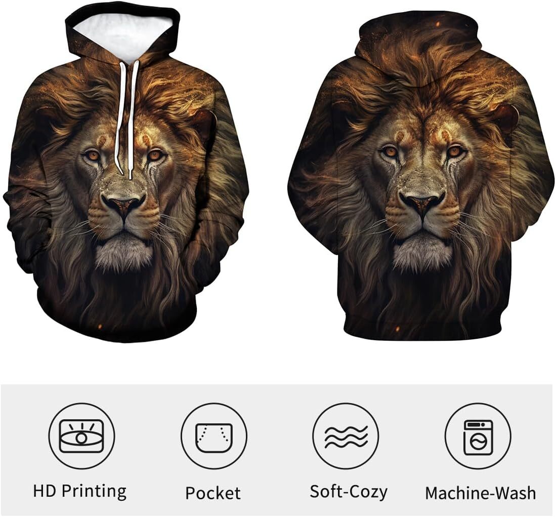 Hoodie for Mens Womens Lion Hoodie Funny Graphic Long Sleeve Sweatshirt Pullover for Men Graphic Hoodies sweatshirt Blue lion Pullover Long Sleeve