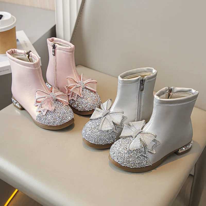 Girls autumn and winter shoes childrens plush new crystal short boots childrens fashion princess bow bead zipper M241102