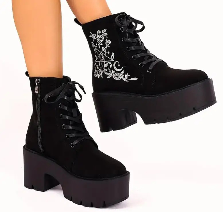 Women's Fashion Platform Ankle Ral Pattern Chunky Heeled Lace Up Combat Boots, All-Match Side Zipper Boots