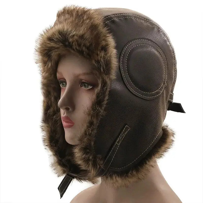 Earflap Ushanka warm fur hat army helmet bomber mens trap pilot womens clothing hat with Soviet goggles 241031