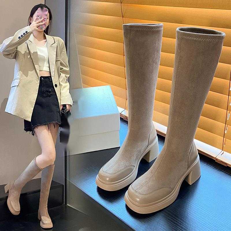 CMM Suede Slim Long Boots for Women Not Over the Knee New Autumn and Winter Look Slim Tall Thick Heels High Heels Elastic Long Boots