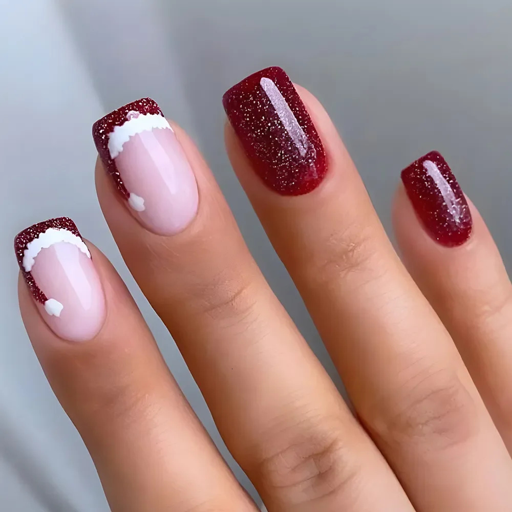 24 glossy square pressed nails red Christmas glitter fake nails French style reusable fake nails 241031