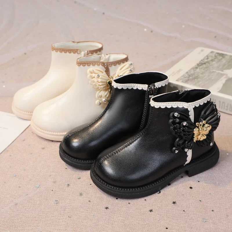 Girls fashionable butterfly boots elegant childrens short leather boots fashionable childrens sweet princess boots round toe anti slip M241102
