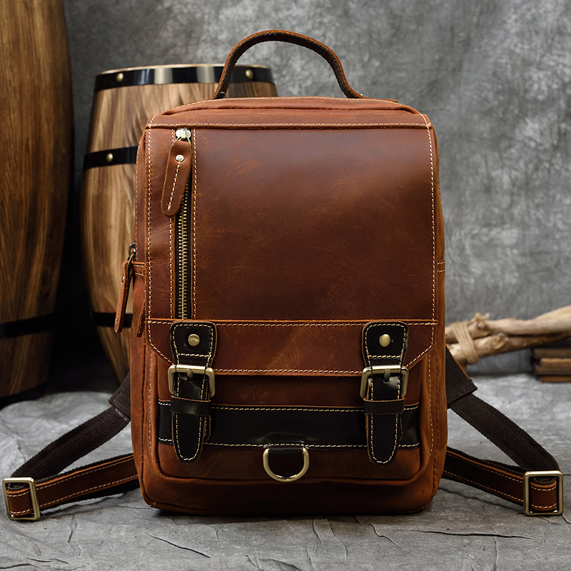 Mens Vintage Backpack, Genuine Leather Single Shoulder Chest Bag, Dual-use Cowhide Travel Bag - Mini Backpack For Outdoor Adventures New Free Delivery