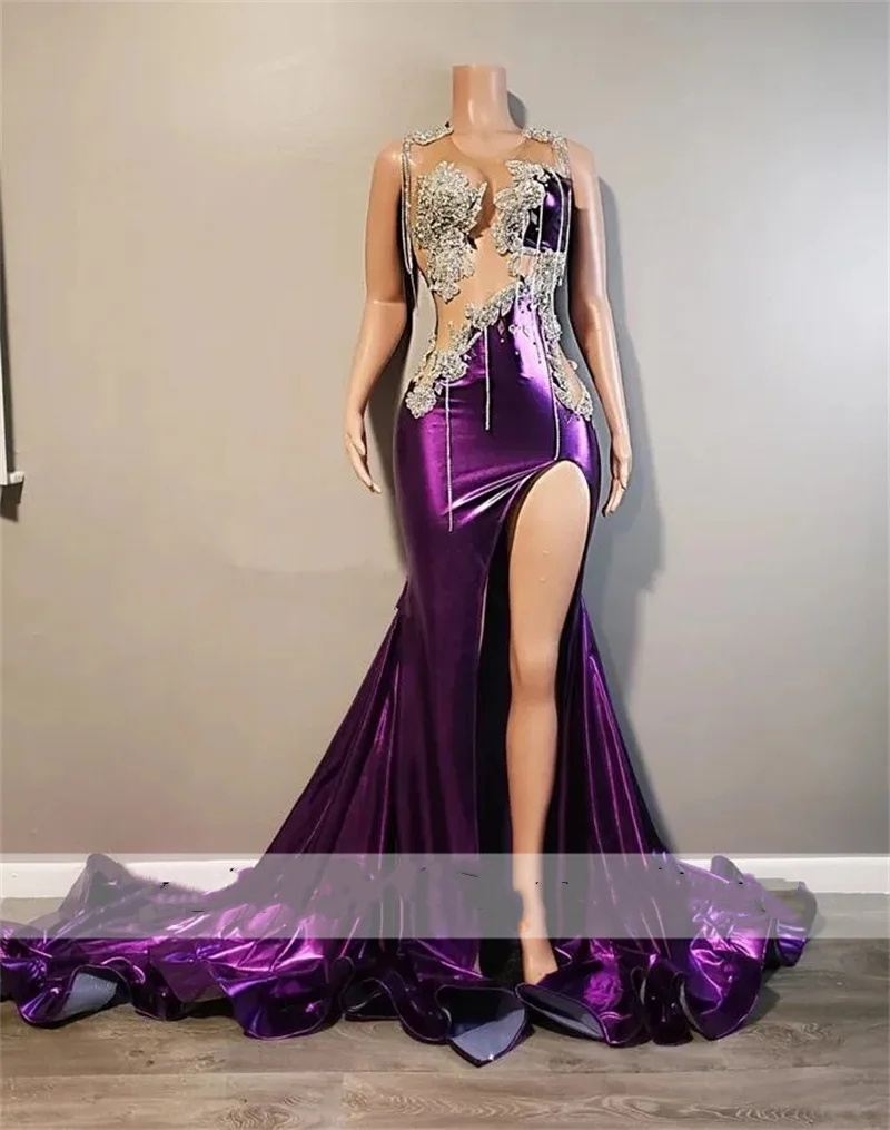 Gorgeous Diamonds Purople Prom Dress For Black Girls Sparkly Crystal Rhinestones Beading Tassels Slit Birthday Party Gowns
