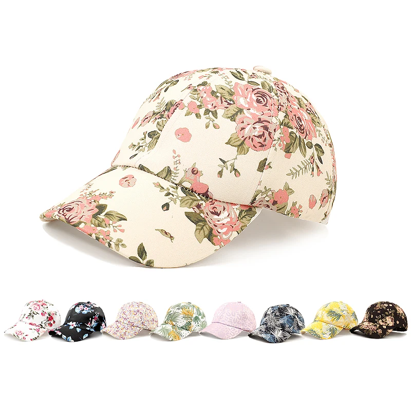 Geebro Women's Print Flower Baseball Caps Ladies New Shade Couple Hats Outdoor Stretch flowers Leaves 2025 Spring Summer new baseball cap