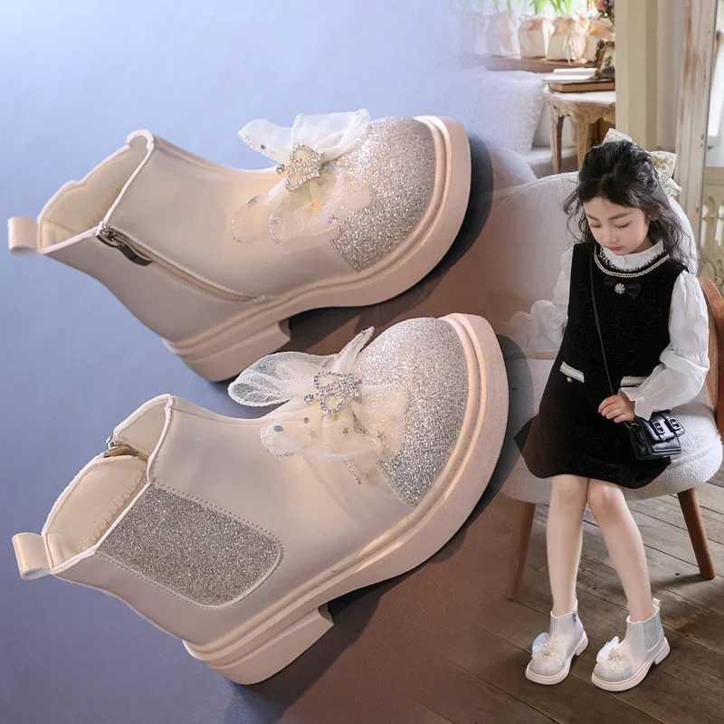 Spring and autumn girl princess boots glitter version childrens fashion boots shoulder glitter children ankle boots thick sole sweet M241102
