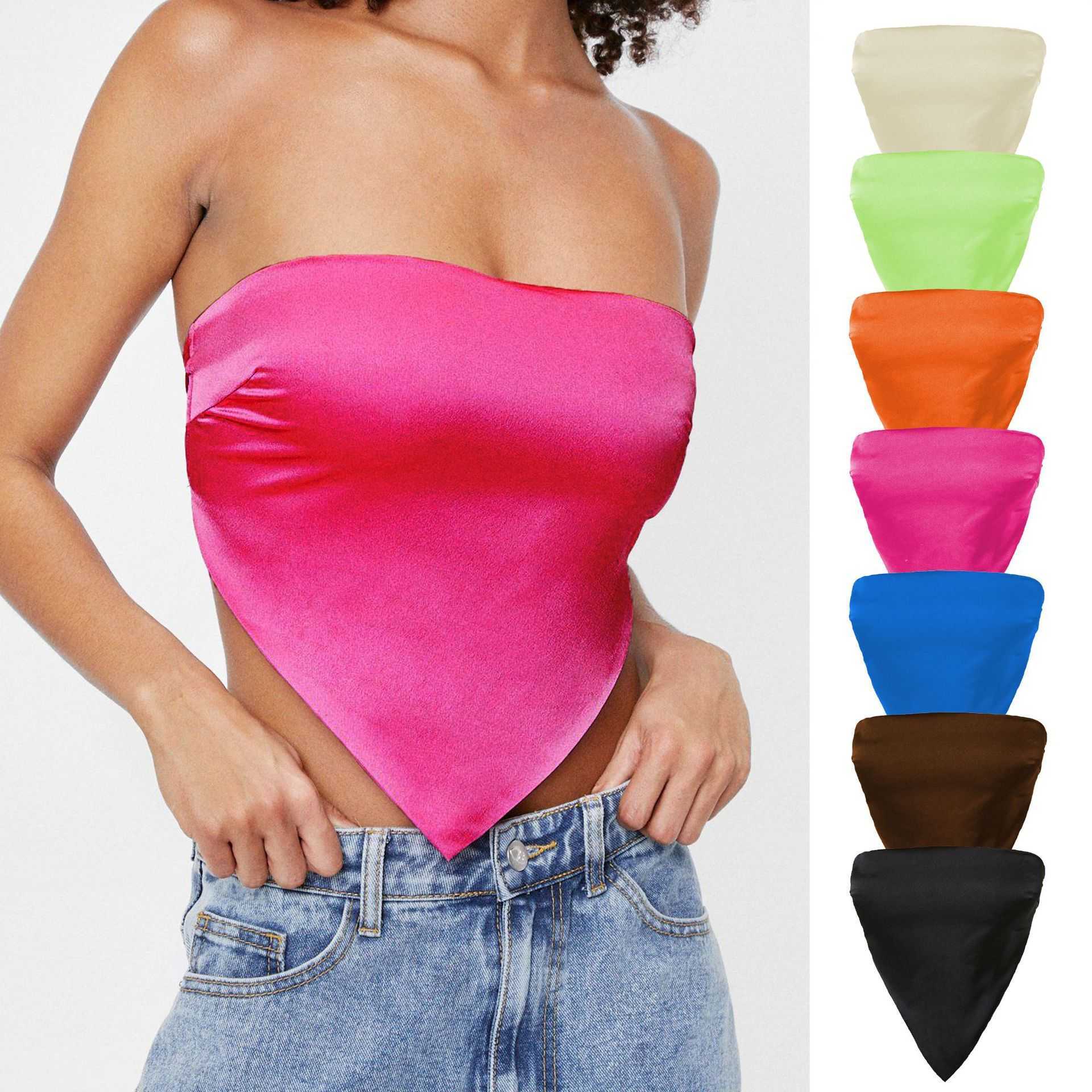 Womens Tshirt Sexy Back Lace Up Satin Wrap Chest Womens Vest Solid Color Triangle Towel Exposed Navel Anti Slip Bra WoMens Wear 241024