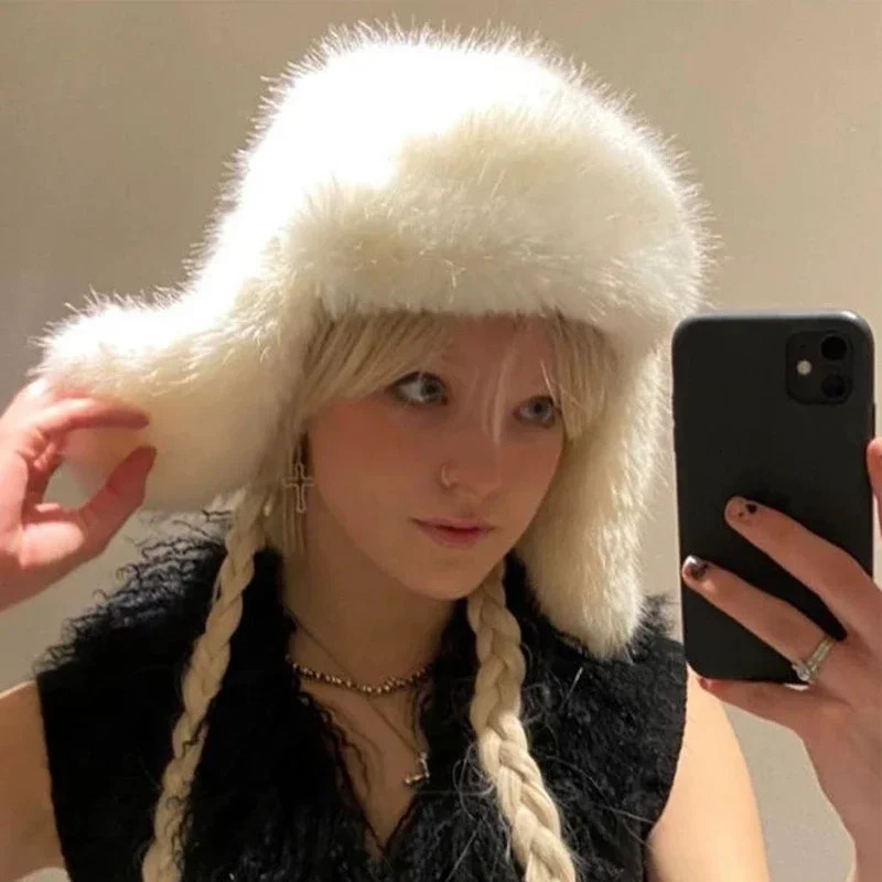 Artificial fur winter womens hat windproof hunting hat warm thick skiing Russian hat with earmuffs Ushaka plush bomber hat 241031