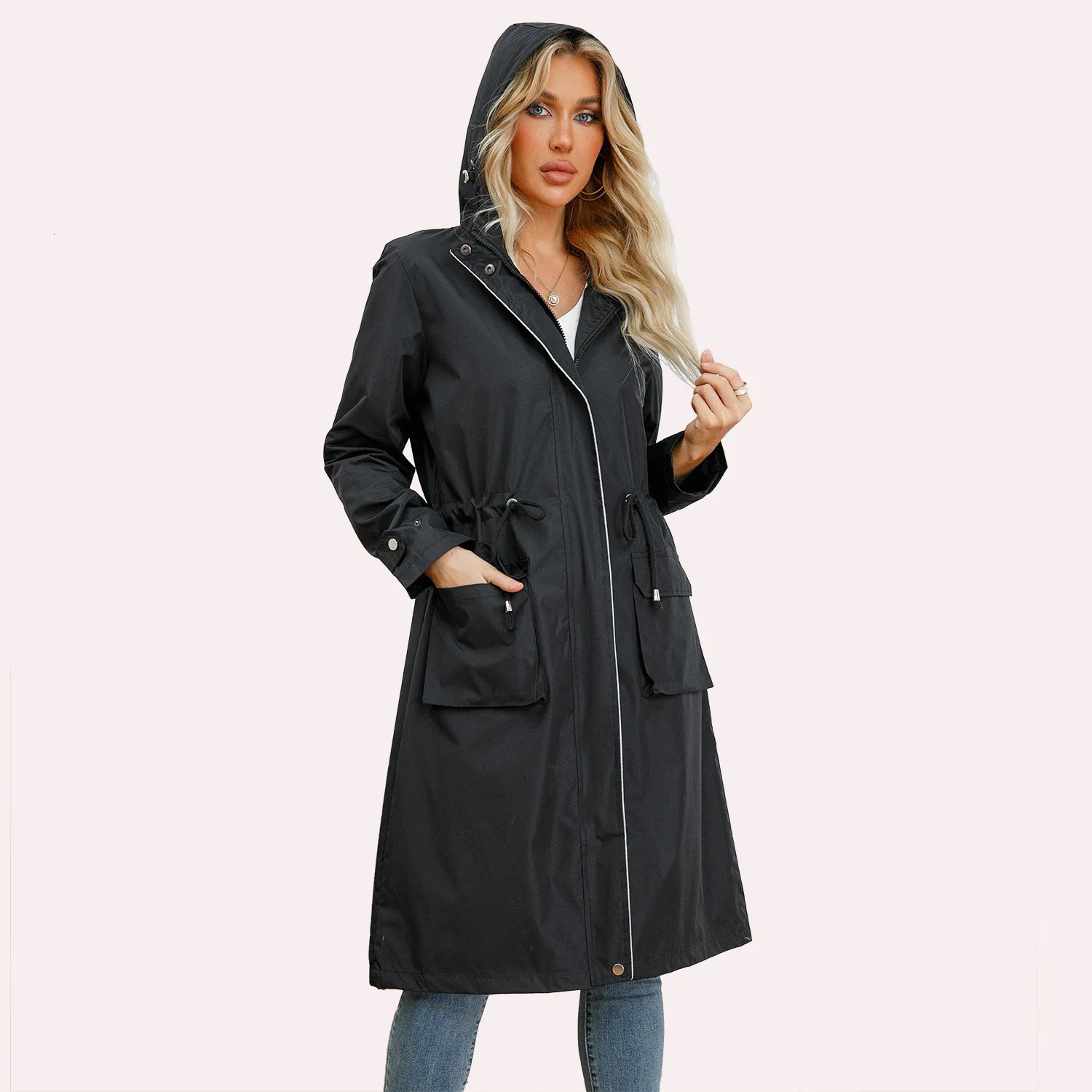 ly arrived womens long trench coat waterproof loose hooded windproof machine 241031