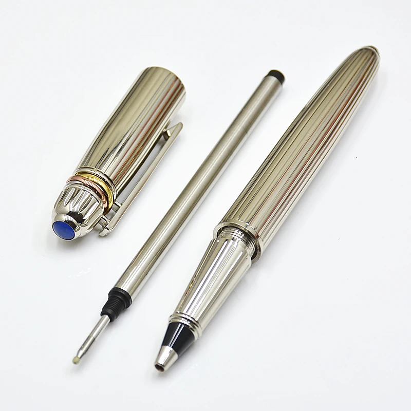 High Quality Ct Metal Rollerball Pen Silver Stripe Stationery Office School Supplies Writing Smooth Gel Pens With Blue Gem Top 240325