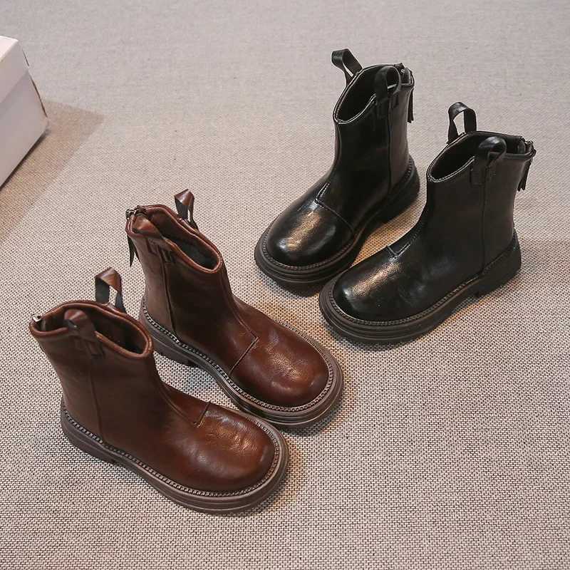 New childrens shoes solid color baby shoes suitable for girls fashionable shoes popular shoulder and ankle boots for children matte PU leather anti sl