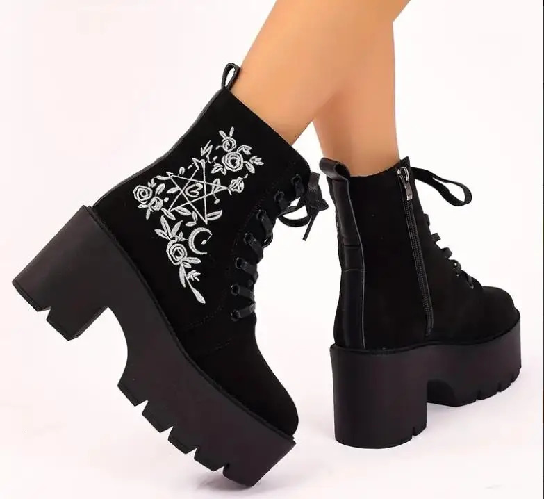 Women's Fashion Platform Ankle Ral Pattern Chunky Heeled Lace Up Combat Boots, All-Match Side Zipper Boots
