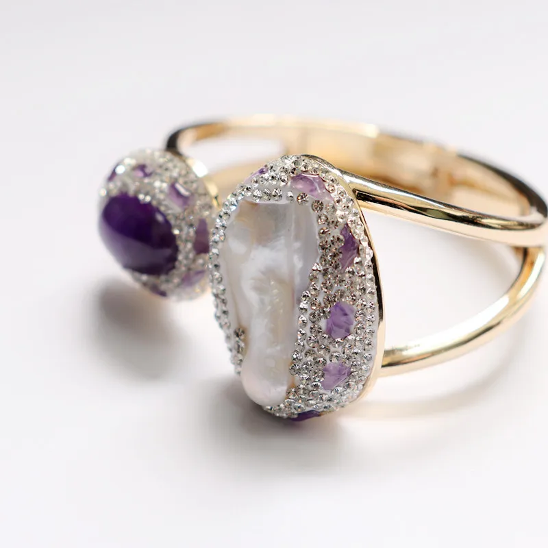 Natural Baroque Pearl Bracelet for Women Raw Stone Amethyst Set with Czech Diamonds Luxury Jewelry