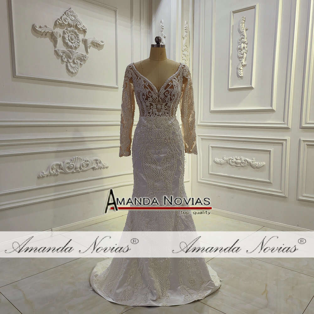Neck V Long Sleeve Beautiful Satin Lace Wedding Dress