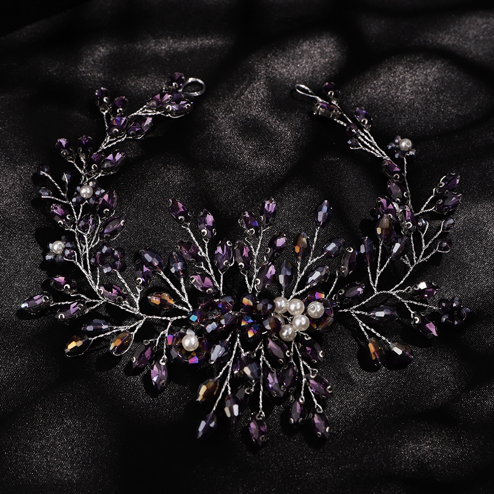 Purple Rhinestone Headband for Wedding Headpiece Handmade Pearl Crystal Bridal Hair Jewelry Headwear Blue Hair Accessories Tiara