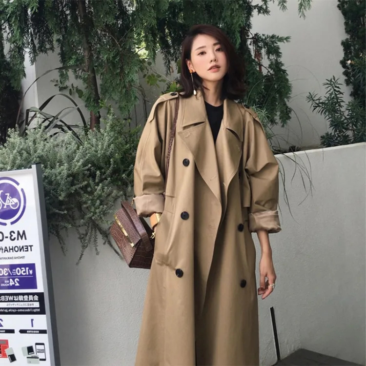 Womens Autumn Classic Double Chest Long Trench Jacket with Womens Solid Color Collar Windproof Collar Womens Winter Coat 241031