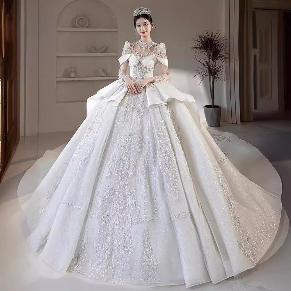 Cystal Beading Vintage ball gown new P Africa Bridal Gowns With sweep Train Long Sleeve Perspective White Dress Wedding Bridesmaid Vestido