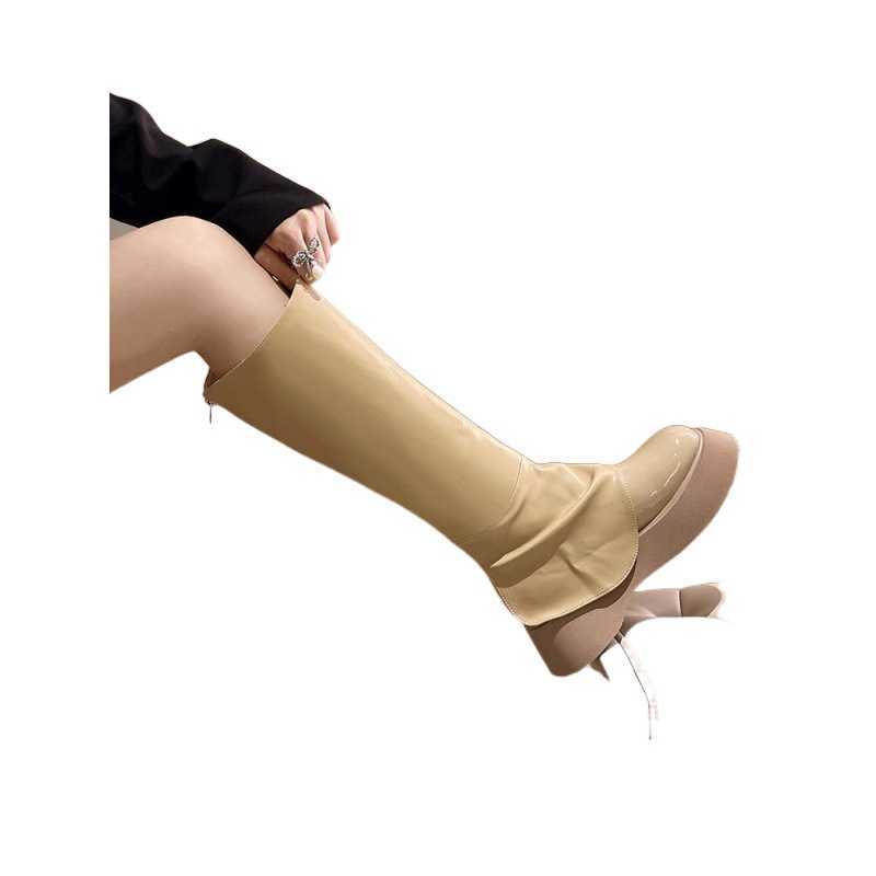 CMM Autumn Small Coarse Legged Long Boots Thick Soled Medium Sleeve Knight Boots Womens Tall Slim Long Boots Smoke Tube Chelsea Boots