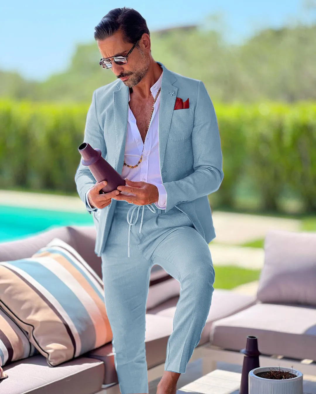 Linen single breasted mens suit twopiece summer jacket pants slim fit casual business wedding groom tailcoat formal work wear 241024