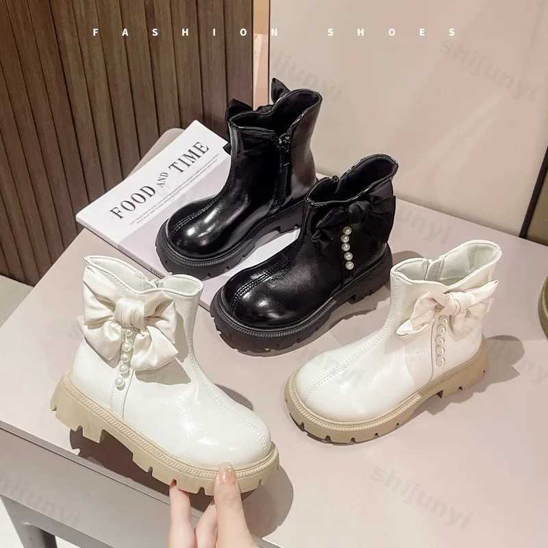 Girls autumn and winter new ankle boots Fahshion pearl bow knot side zipper childrens short boots PU leather smooth sweet childrens Botas M241102