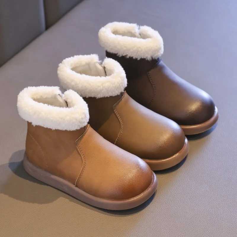 Girls winter boots soft and simple childrens snow boots solid color leather cover childrens warm cotton boots fashionable classic version zipper M2411