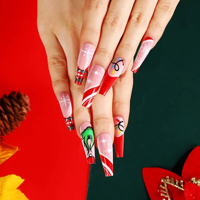 3D fake nails for Christmas parties long French Coffin tips snowflakes Christmas trees fake oranges press machine acrylic fake nail set 241031
