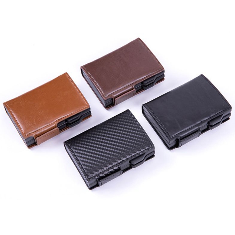 Large Capacity Leather Card Wallet for Men Air Airtag Rfid Double Aluminum Auto Pop Up Card Holder with Zipper Coin Pocket Purse