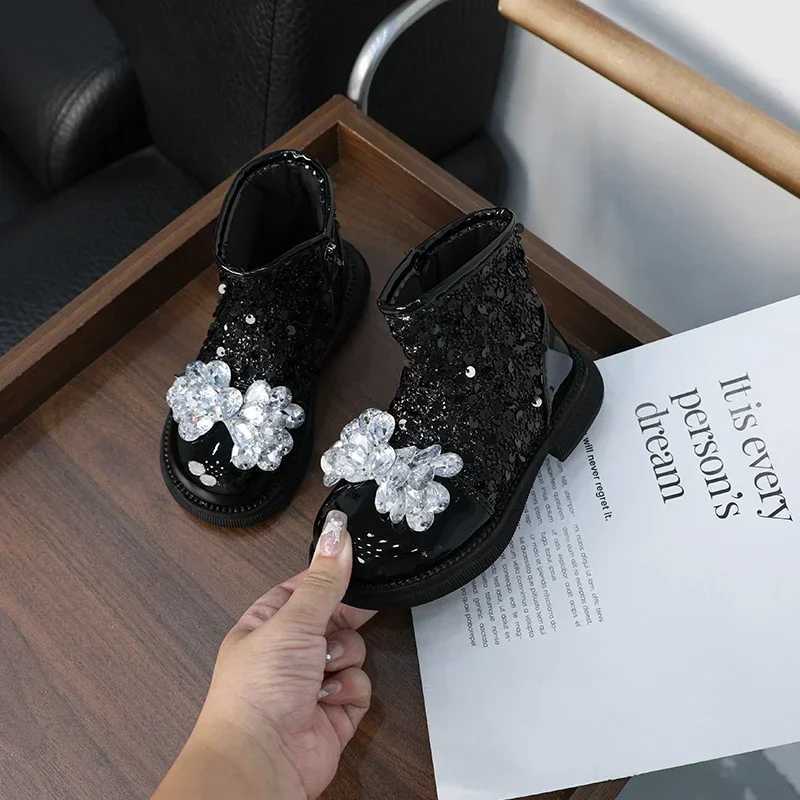 New girls childrens shoe set luxurious rhinestone princess leather boots with sequins fashionable childrens shoulder and foot boots side zipper M24110