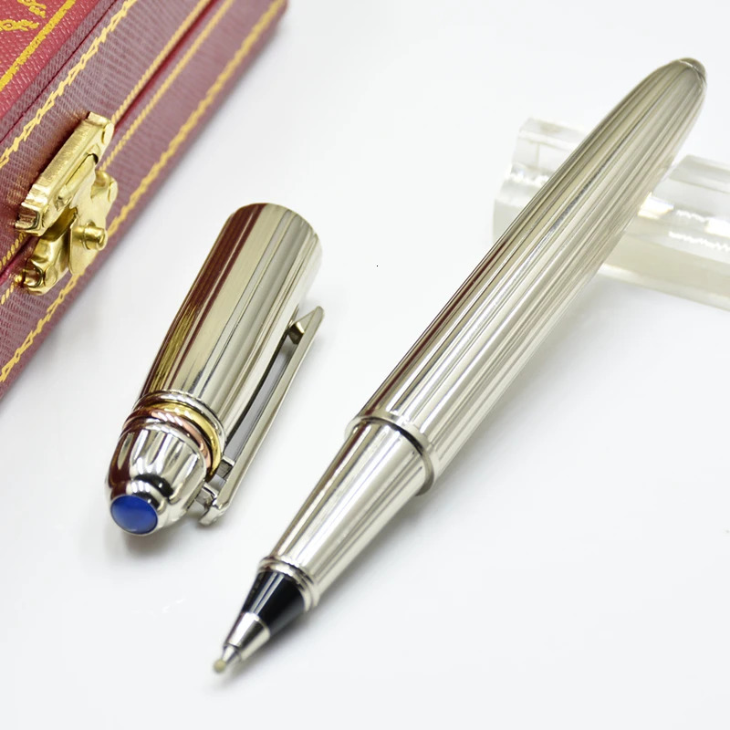 High Quality Ct Metal Rollerball Pen Silver Stripe Stationery Office School Supplies Writing Smooth Gel Pens With Blue Gem Top 240325