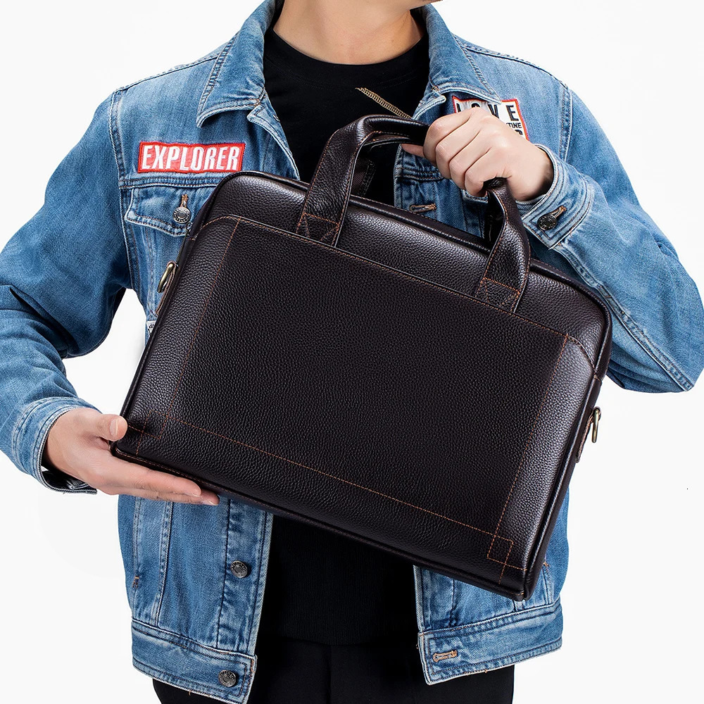 Mens leather handbag top layer cowhide briefcase laptop bag diagonal cross office 241029