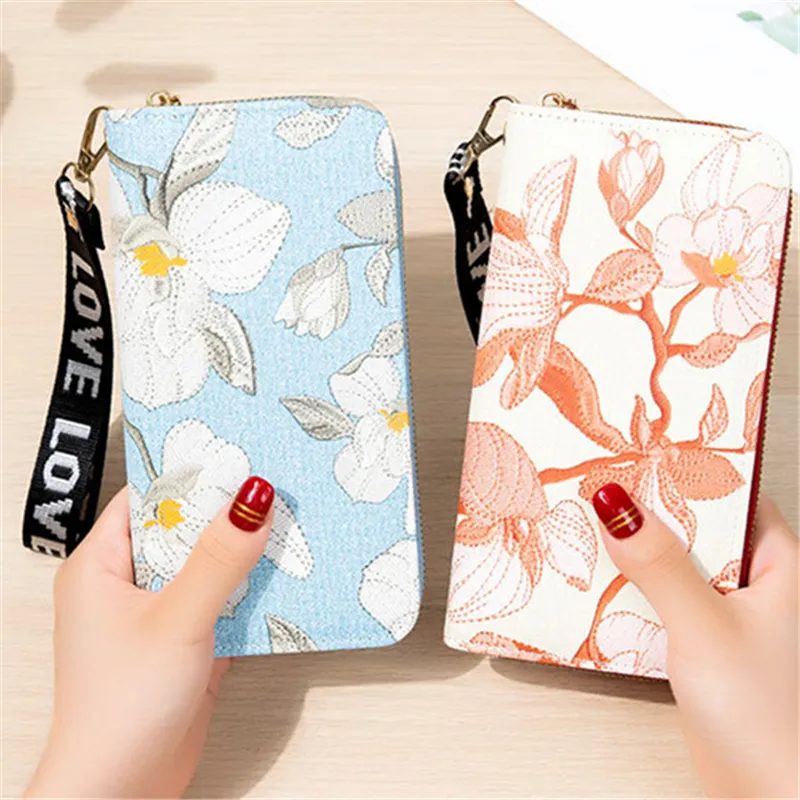 PU Leather Double Zipper Wallet new for Women Long Embroidery Coin 2025 Purses Large Capacity Female Flower Clutch Bag Credit Card Holder