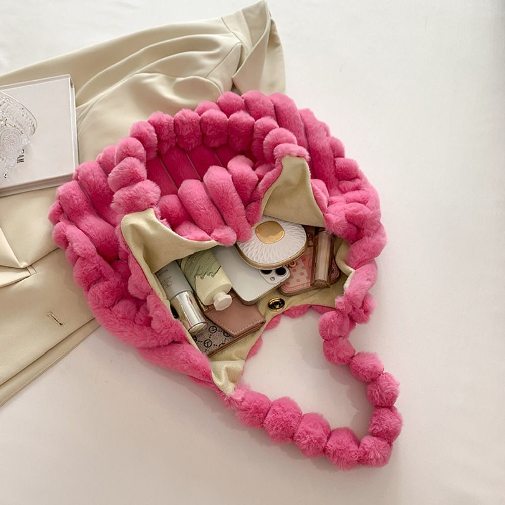 Solid Color Handbag Designerlarge Capacity Korean Style Shoulder Carrying Lunch Storage Plush Handbag