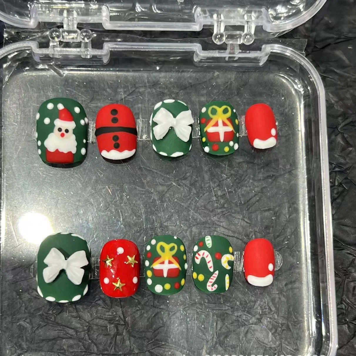 10 pieces of acrylic nails on Christmas press handmade French fake nails 3D bow decoration frosted cute short fake nails square wearable 241031