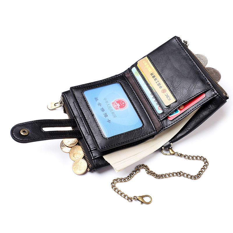 100% Genuine Leather Men Wallet Coin Purse Small Mini Card Holder Chain PORTFOLIO Portomonee Male Walet Pocket