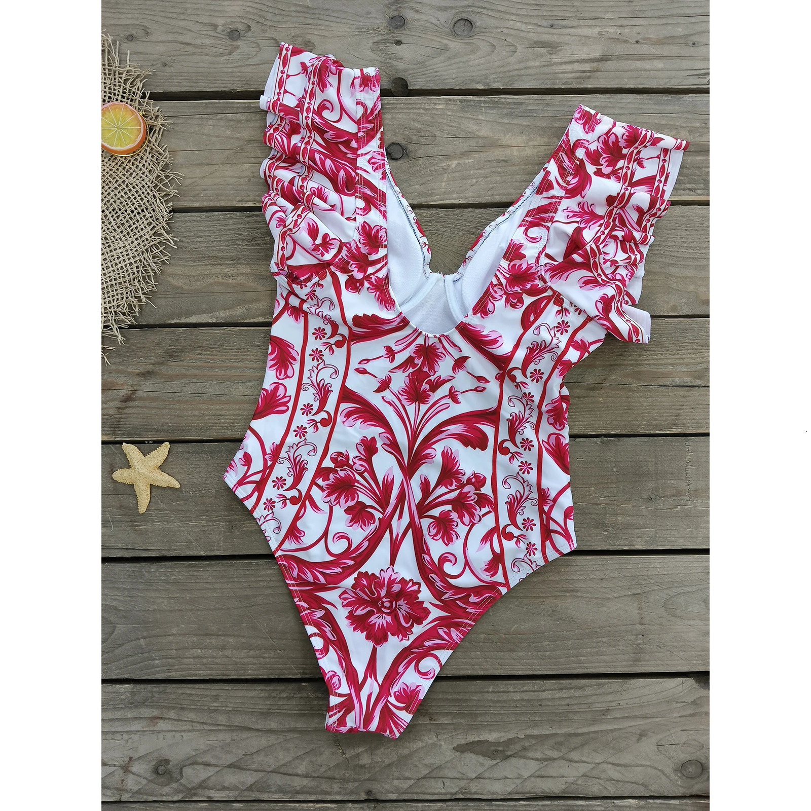 Women Swimwear 2PC Coverup Swimsuit Ruffle Solid Printed Deep V Onepiece Monokini Kimono Bikini Suit Summer Beachwear 240402