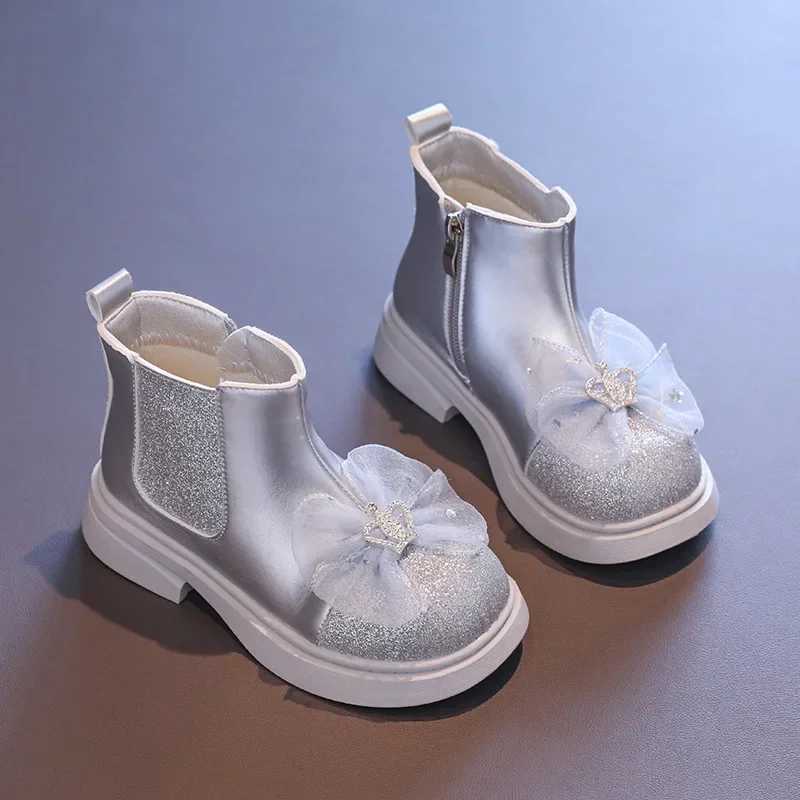 Spring and autumn girl princess boots glitter version childrens fashion boots shoulder glitter children ankle boots thick sole sweet M241102