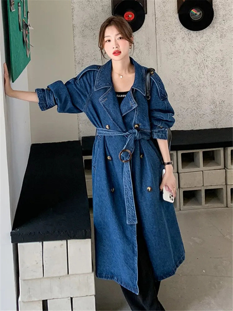 Vintage Blue Denim Windproof Jacket Autumn Double Chest Strap Loose Casual Elegant British Womens Long Trench Coat 8185 241031