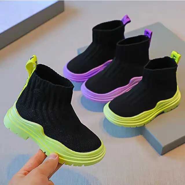 High top knitted socks and shoes suitable for boys girls children breathable rubber boots childrens platforms and casual ankle boots M241102