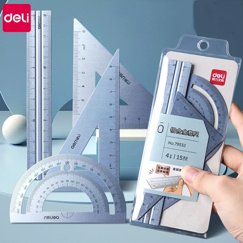 Deli for School Kids 2025 Angle Straight Ruler Metal new Ruler Multifunctional Drawing Triangle Ruler 4pcs/set Office Supplies Accessorie