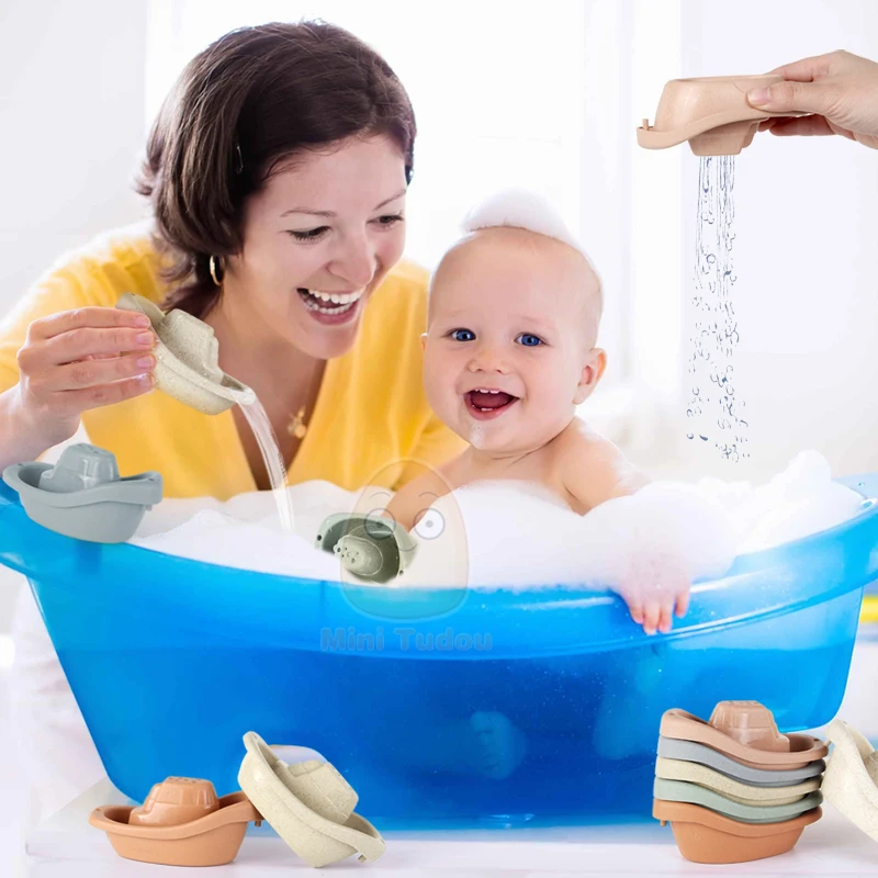 6PCS Baby Stacking Cup 2025 Toy Folding Boat Shape new Tower Bathing Shower Swimming Pool Play Water Kit Educational Toys For Infant Gift