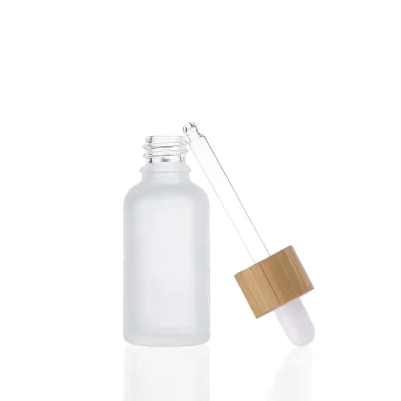 wholesale Frosted White Glass Dropper Bottle 10ml 15ml 20ml 30ml 50ml With Bamboo Cap 1oz Wooden Essential Oil Bottles LL
