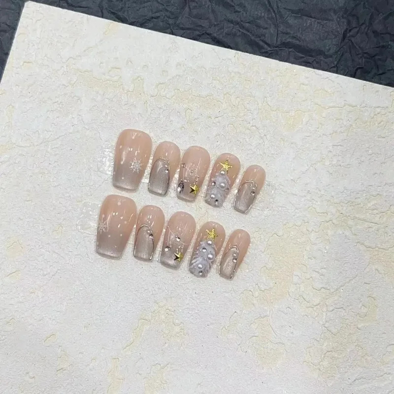 10 pieces/set of fake nails complete set of fake nails pressed on nails DIY handmade patches detachable cat eye ointment Christmas tree 241031