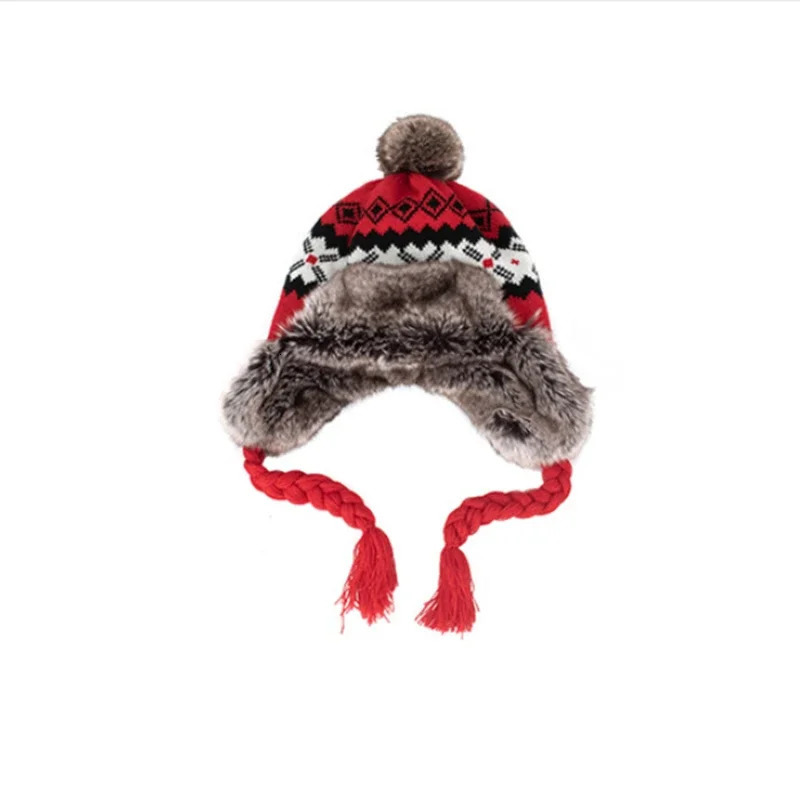 Winter Hat Bomber Hat Womens Warm Snow Hat with Fur Puff Windproof Knitted Earrings Trap Girls Outdoor Hat Gift 241031