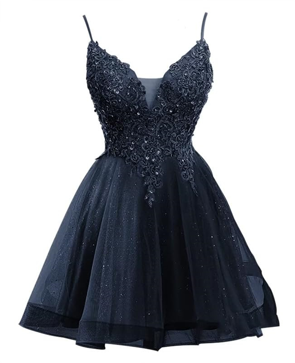 Short Homecoming Dresses Deep V-Neck Appliques Sequins Beading Tulle Lace-up Ball Gown Cocktail Formal Occasion Cocktail Prom Party Graudation Gowns H
