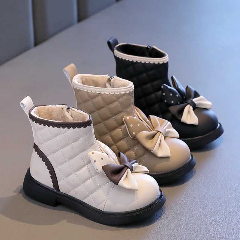 Childrens Princess Fashion Boots Sweet Patch Work Bow Winter Girls Boots Ankle Versatile Childrens Tight Cotton Boots Elegant M241102