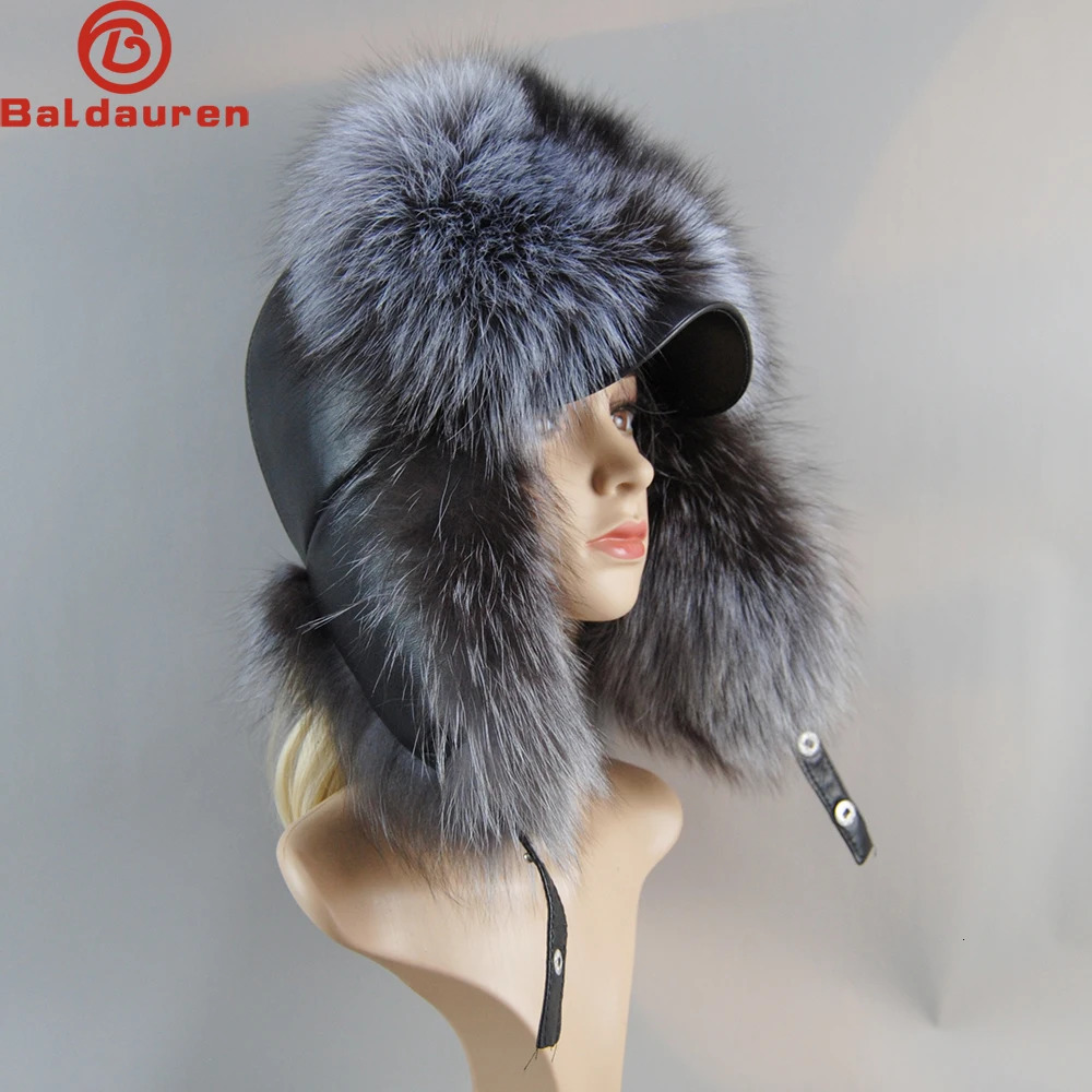 A genuine silver fox fur hat with ear flaps a genuine natural fur hat suitable for Russian womens bomber hats and a trap hat with a genuine leather to