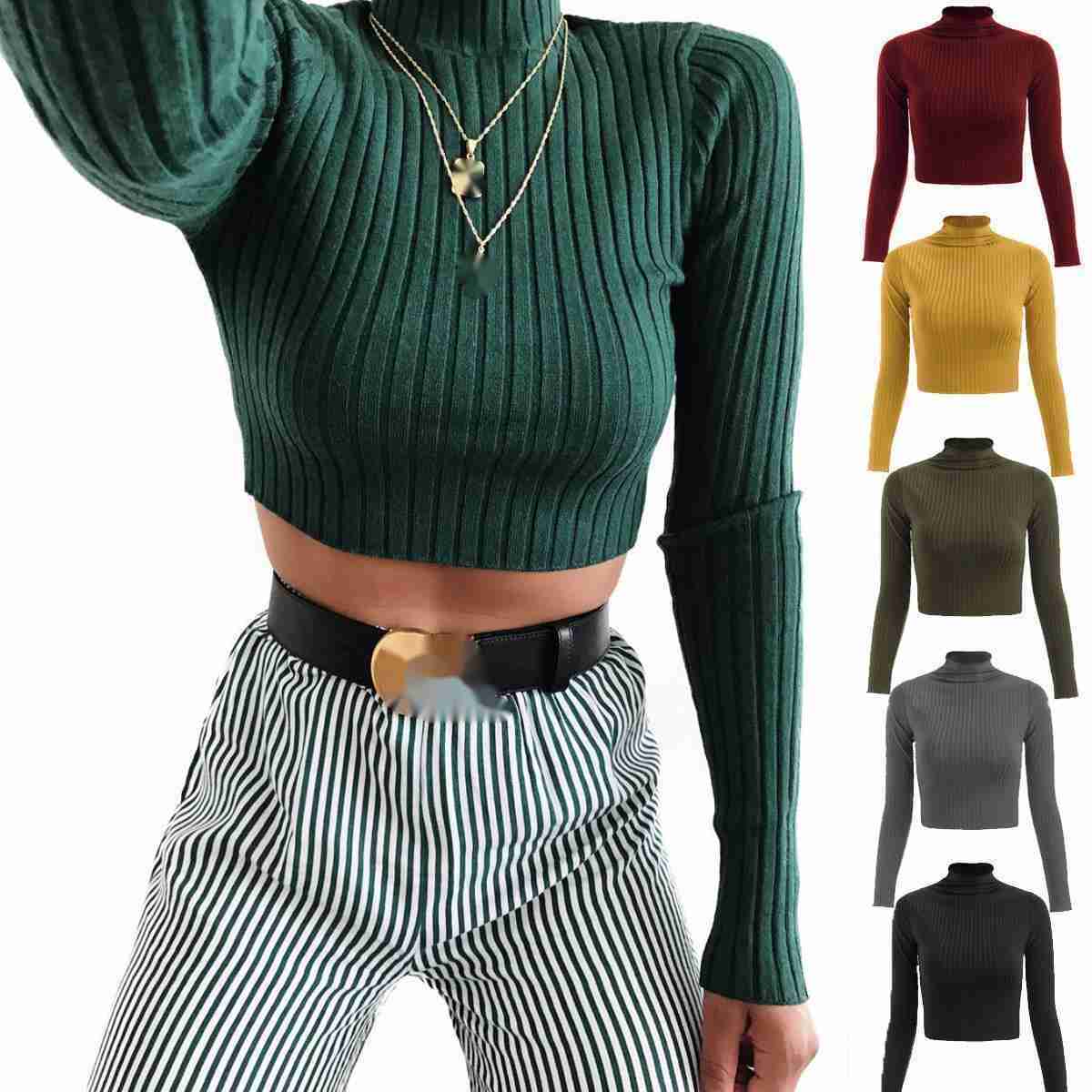 Womens Knits Autumn And Winter Semi High Neck Solid Color Long Sleeved Woman Clothes Knitted T-shirt Slim Fit WoMens Crop Woman Tops 241024