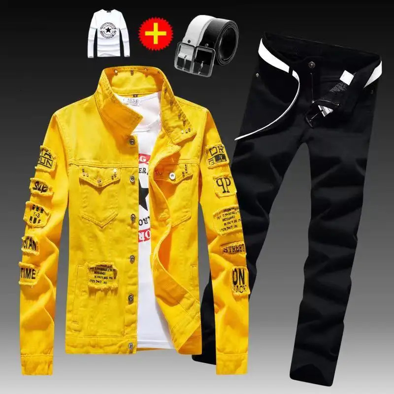 Spring and autumn mens denim jacketdenim pants set fashionable single corset mens two-piece denim set 241030