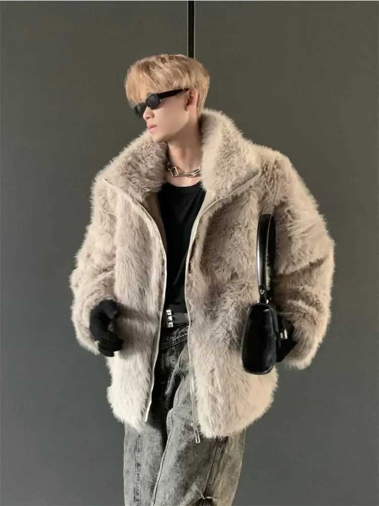 Korean Fashion Imitation Fox Fur Coat Fall and Winter Warm Thickened Black Imitation Fur Coat Trend Streetwear New Men ClothingXJ241102